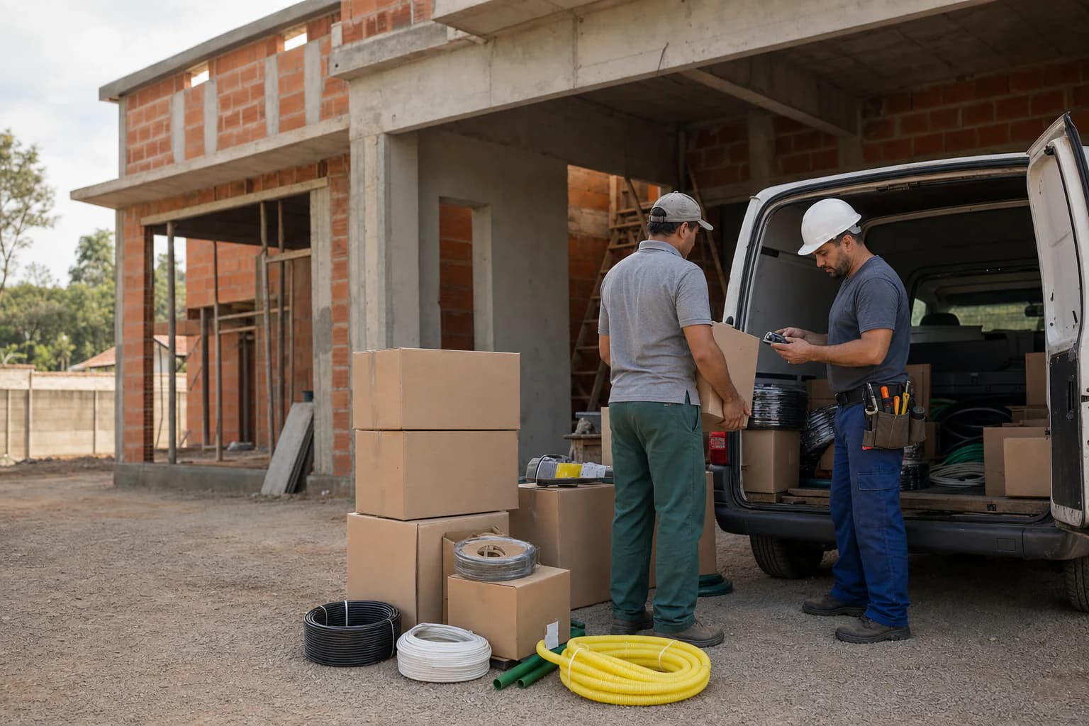 Entrega de materiais elétricos em uma casa em construção, com profissionais conferindo o pedido