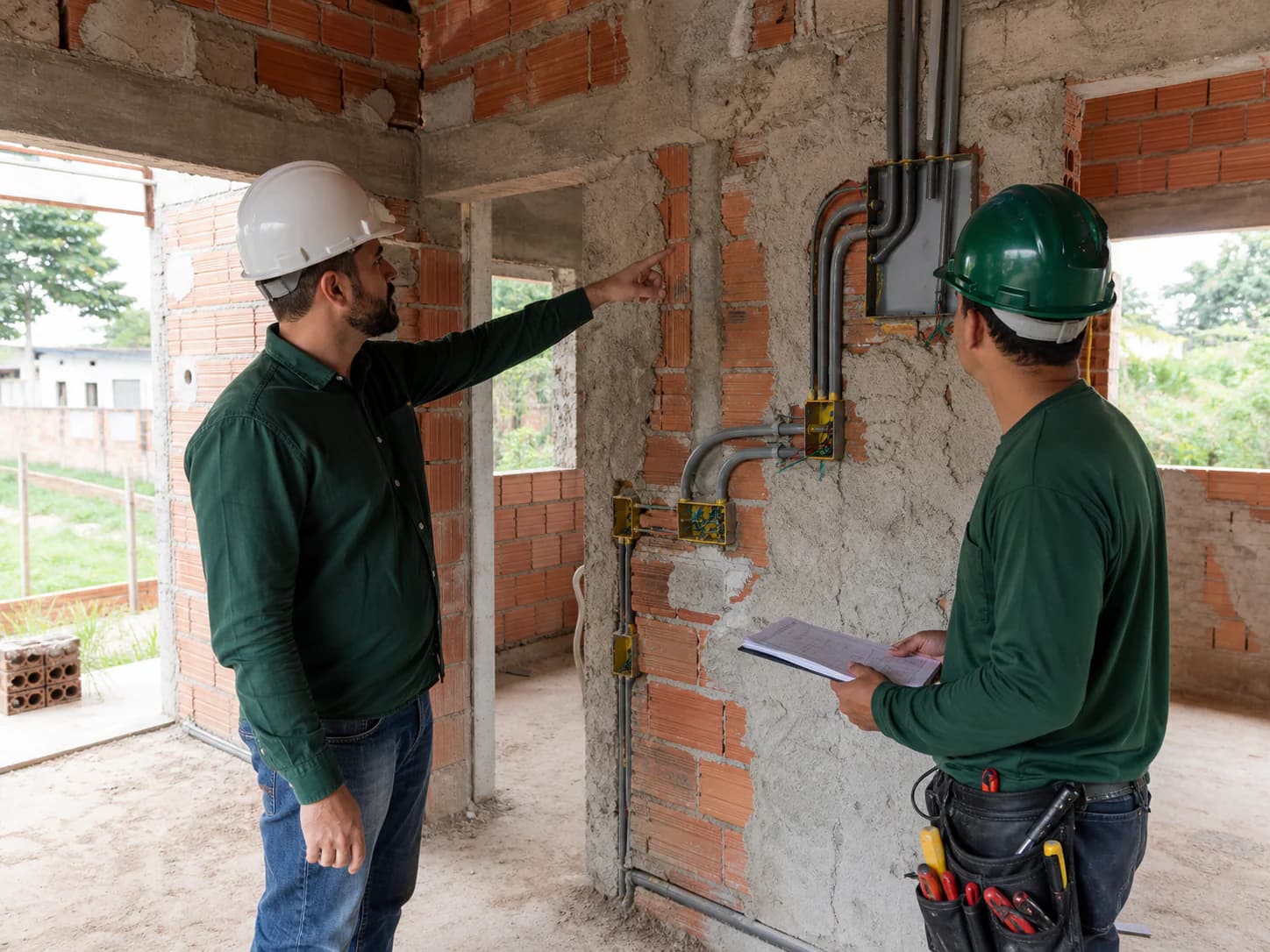 Dois profissionais conferindo a instalação elétrica em uma casa em construção